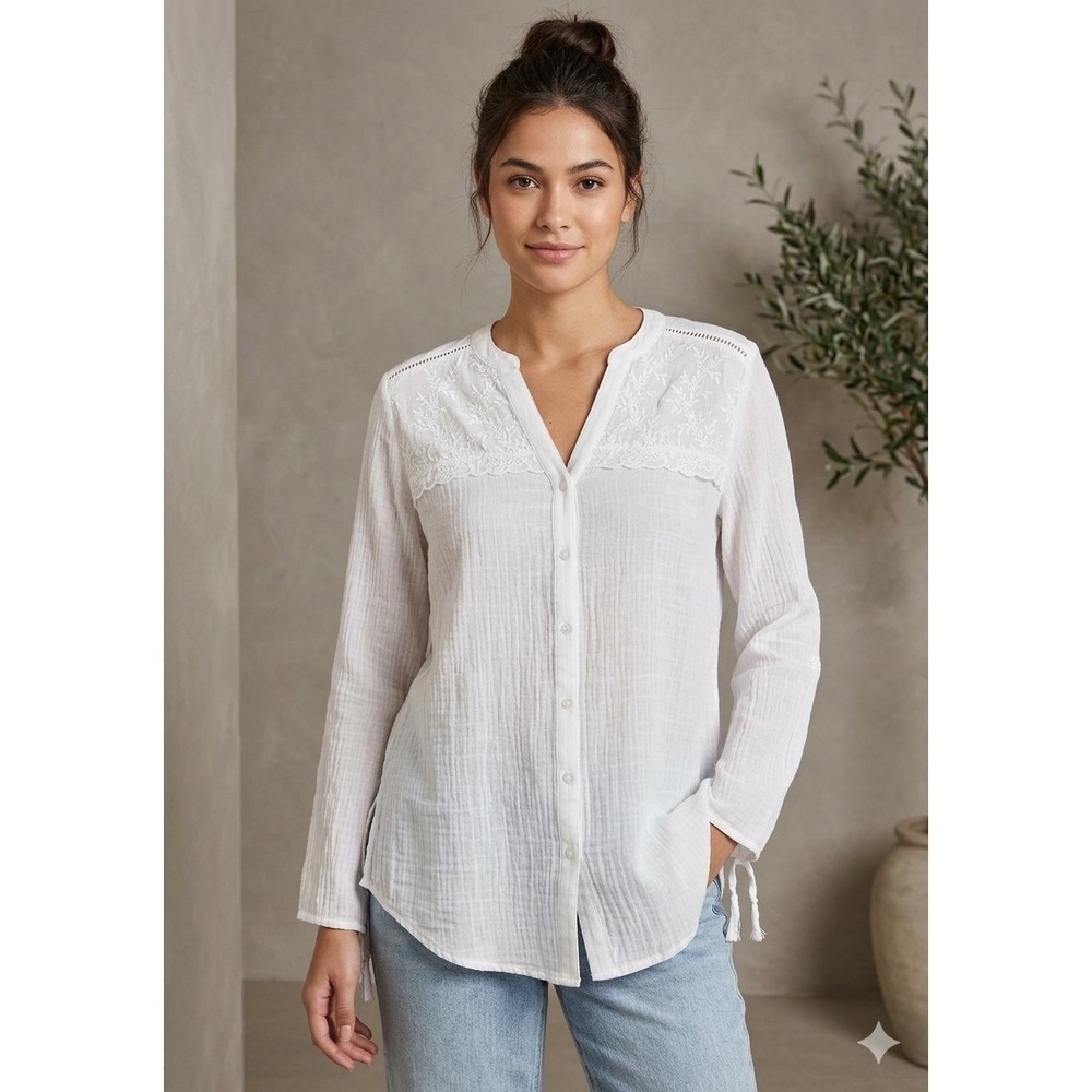 AGB‎ White Crinkle Gauze Embroidered Lace Button Down Top XL Boho Tie Sleeve